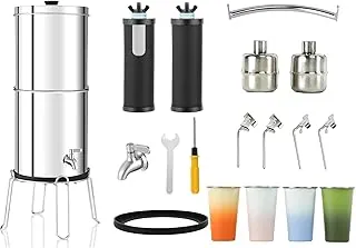 Sistema de filtro de agua por gravedad de ultrafiltración de 2.25 G - Sistema de encimera de acero inoxidable 304 con mango, 2 válvulas de cierre, 4 tazas + soportes, 2 filtros de carbono y soporte
