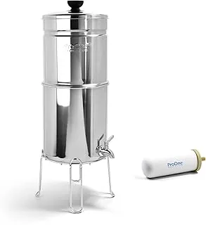Sistema de filtro de agua por gravedad Pro One - Certificado NSF, elimina fluoruro y cloro, dispensador portátil o de encimera de acero inoxidable para hogar, campamento y viajes (3 galones) con un