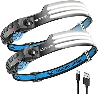 Smiling Shark Linterna frontal LED, gran angular de 230°, 3 luces blancas, paquete de 2 unidades, la lámpara principal más brillante, recargable con sensor de movimiento, faro impermeable para