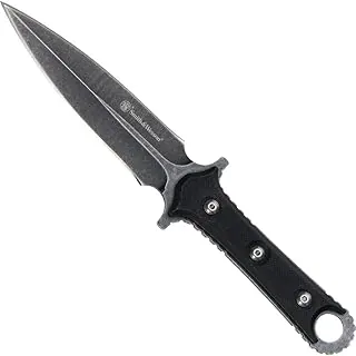 Smith & Wesson SWF606 - Cuchillo de hoja fija SS de alto carbono de 8.6 pulgadas con hoja de borde duelo de 4.4 pulgadas y mango TPE para exteriores, táctico, supervivencia y EDC, negro