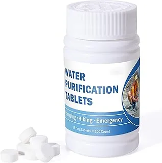 Tabletas de purificación de agua (100 unidades) – Tabletas de agua purificación para beber para acampar, navegar, senderismo, mochileros, emergencias – Tratamiento de agua portátil para beber de forma segura en cualquier lugar