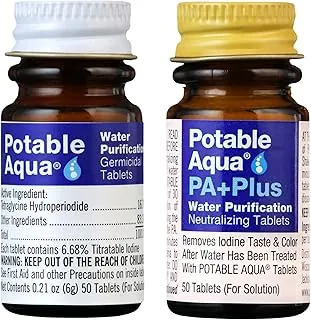 Tabletas de purificación de agua Potable Aqua con PA Plus, solución portátil y efectiva para camping, senderismo, emergencias, desastres naturales y viajes internacionales, dos botellas de 50 unidades