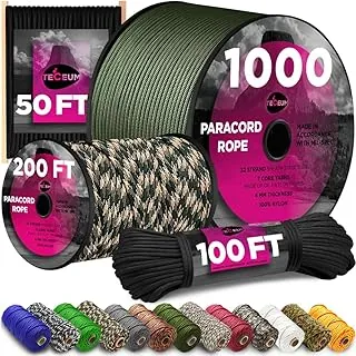TECEUM Cuerda de paracaídas de 750 libras – 1000 pies / 200 pies / 120 pies / 100 pies / 50 pies – Cuerda de paracaídas para campamento, supervivencia, equipo al aire libre – Más de 35 colores – Cuerda de nailon – Kit táctico de supervivencia y campamento