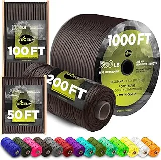 TECEUM Paracord tipo III 550 Chocolate - 50 pies - 4 mm - Cuerda táctica MIL-SPEC - Cuerda para exteriores - Equipo y accesorios de paracord para acampar, hacer senderismo, pescar - Cuerda de