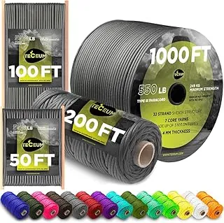 TECEUM - Paracord tipo III, 550 gris oscuro – 15 m – 4 mm – Cuerda táctica MIL-SPEC – Cuerda de paracaídas para exteriores – Equipo y accesorios para acampar, senderismo y pesca – Cuerda de paracaídas