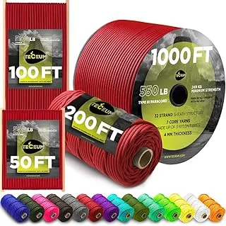 TECEUM Paracord tipo III 550 Rojo (Fuego) – 60 m – 4 mm – Cuerda táctica MIL-SPEC – Cuerda de paracaídas para exteriores – Equipo y accesorios para acampar, senderismo y pesca – Cuerda de paracaídas