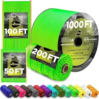 TECEUM Paracord tipo III 550 Verde neón – 50 pies – 4 mm – Cuerda táctica MIL-SPEC – Cuerda para exteriores – Equipo de camping, senderismo, pesca y paracord – Cuerda de paracaídas EDC – Cuerda de