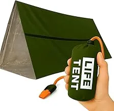 Tienda de campaña de supervivencia de emergencia. Refugio térmico de vida en la nieve. Lona de tubo. Estilo de tipo resistente verde militar. Bolsa de almacenamiento con silbato y paracord