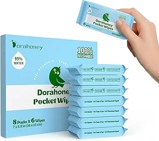 Toallitas desechables de tamaño de viaje, 99% de agua, mini toallitas húmedas para pieles sensibles, hipoalergénicas y sin perfume para llevar, 48 unidades (8 paquetes de 6)