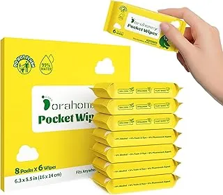 Toallitas húmedas de viaje sin perfume, 99% de agua purificada para pieles sensibles, toallitas de bolsillo hipoalergénicas y sin plástico, 48 unidades (8 paquetes de 6)