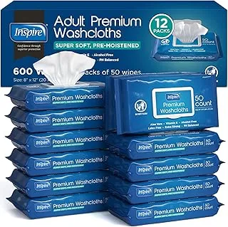 Toallitas húmedas para adultos Inspire, paños de limpieza | Toallitas para adultos para incontinencia y limpieza para personas mayores, 8 x 12 pulgadas, 12 paquetes de 50 unidades