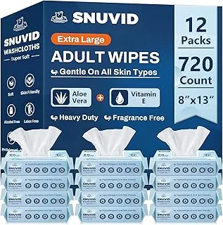Toallitas húmedas para adultos mayores de 8 x 13 pulgadas, extra grandes y suaves para adultos, para baño, incontinencia y limpieza sin enjuague, paños desechables, con infusión de vitamina E y aloe