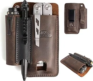 Topstache Funda multiherramienta de cuero con clip para cinturón, funda multiherramienta para cinturón, organizador de cinturón EDC para linterna, bolígrafo, bolsa de cuero, soporte, marrón oscuro