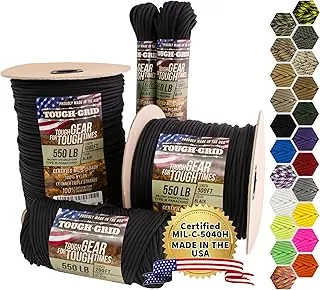 TOUGH-GRID Cuerda de paracaídas de paracord 550 de nylon, kit de supervivencia fabricado en EE. UU., aventuras al aire libre, camping, equipo táctico y suministros de emergencia, cordón militar tipo