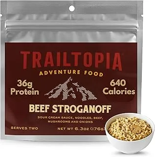 Trailtopia Hearty Beef Stroganoff - Cena de senderismo liofilizada | Sabor delicioso | Preparación rápida y fácil | Ligero | Perfecto para acampar y mochilero | Comidas de alta energía para aventuras