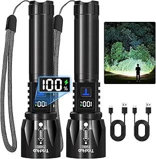 TrixHub Linternas LED recargables de alto lúmenes, paquete de 2 unidades, luz flash de mano con zoom súper brillante con pantalla digital LCD, potentes líneas de emergencia, impermeables, de larga duración, para senderismo y campamento