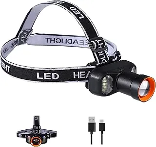 VAVOFO Linterna de cabeza LED recargable de 2400mAh, 2000 lúmenes, brillante, con zoom, impermeable, linterna frontal para exteriores con atenuación sin escalones, ligera, diadema ajustable, 5 modos