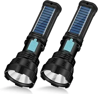VOETIR Linterna solar LED, 1500 lúmenes, linternas solares recargables de mano con IP65 impermeable, batería de 2000 mAh para supervivencia, emergencias, campamento (2 paquetes)