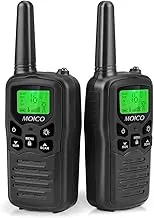 Walkie Talkies, Walkie talkies de largo alcance MOICO para adultos con 22 canales FRS, walkie talkie familiar con linterna LED, pantalla LCD VOX para senderismo, campamento y viajes (negro 2 unidades)