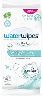 WaterWipes Sensitive+ On The Go Wipes, 3 en 1 limpia, cuida, protege, 99.9% de agua, toallitas húmedas hipoalergénicas y sin perfume, 28 unidades (paquete de 1)