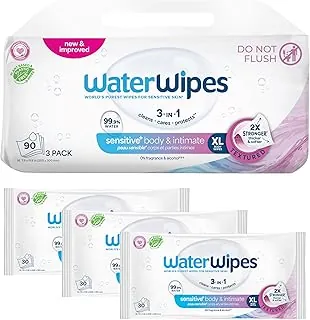 WaterWipes Sensitive+ Toallitas húmedas para el cuerpo y las íntimas, 3 en 1, limpia, cuida, protege, 99.9% de agua, sin perfume e hipoalergénicas, toallitas húmedas para el cuidado de adultos, 90