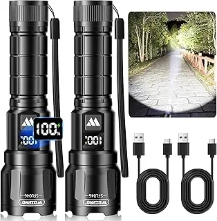 Wdtpro Linternas LED recargables de alto lúmenes, 2 unidades, 6000 lúmenes, linterna súper brillante, potentes linternas de campamento con zoom y pantalla digital LCD, linterna impermeable de 3 modos