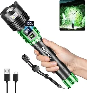WdtPro Linternas LED recargables de alto lúmenes, linterna recargable súper brillante de 90000LM con pantalla LCD, 5 modos y potente linterna de mano impermeable para acampar emergencia verde