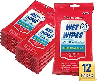 WipeEssentials - Toallitas desinfectantes de manos para adultos y niños - 360 toallitas - 12 paquetes de 30 toallitas desinfectantes de manos, esenciales de viaje