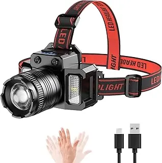 Wrrozz Linterna frontal recargable LED, luz de cabeza con sensor de movimiento súper brillante con luz roja/blanca/azul, linterna impermeable para la frente de adultos para camping, correr, senderismo, pesca