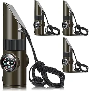 Xuhal Paquete de 4 silbatos de supervivencia de emergencia ruidosos 7 en 1, herramienta de supervivencia al aire libre multifuncional con termómetro de brújula, lupa de luz LED para senderismo